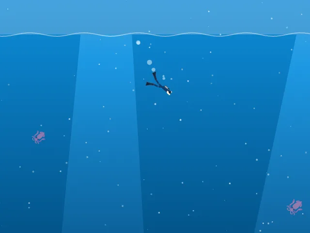 The diver just under the surface, light rays in deep blue water