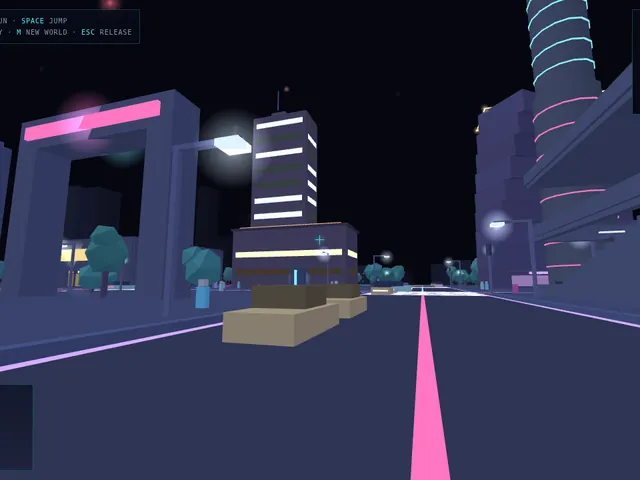 A night street with a pink line, a tower ringed with neon and lit windows