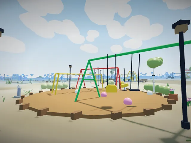 A sandy playground with green and red swings under a pale sky
