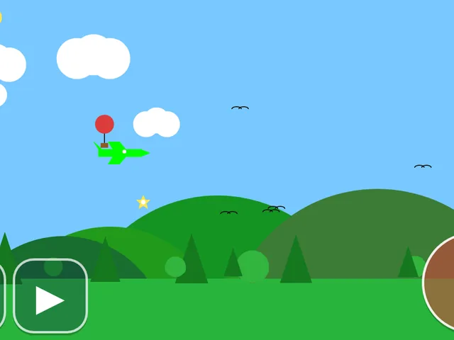 A little red biplane among colourful jets and balloons over green hills
