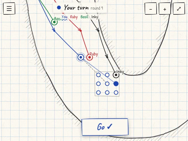 Four ballpoint arrows racing through a pencil-drawn bend on squared paper, and the nine points to choose from